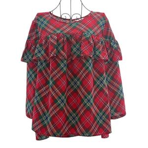 💚Crown & Ivy Women’s Size Large Red Green Tartan Plaid Holiday Christmas Blouse